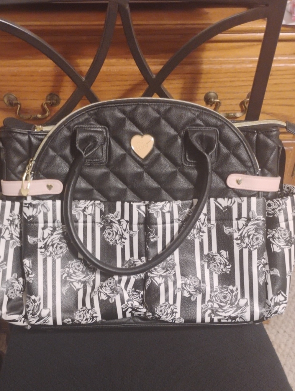 Betsey Johnson Diaper Bag Black & White Rose Print + Changing Pad